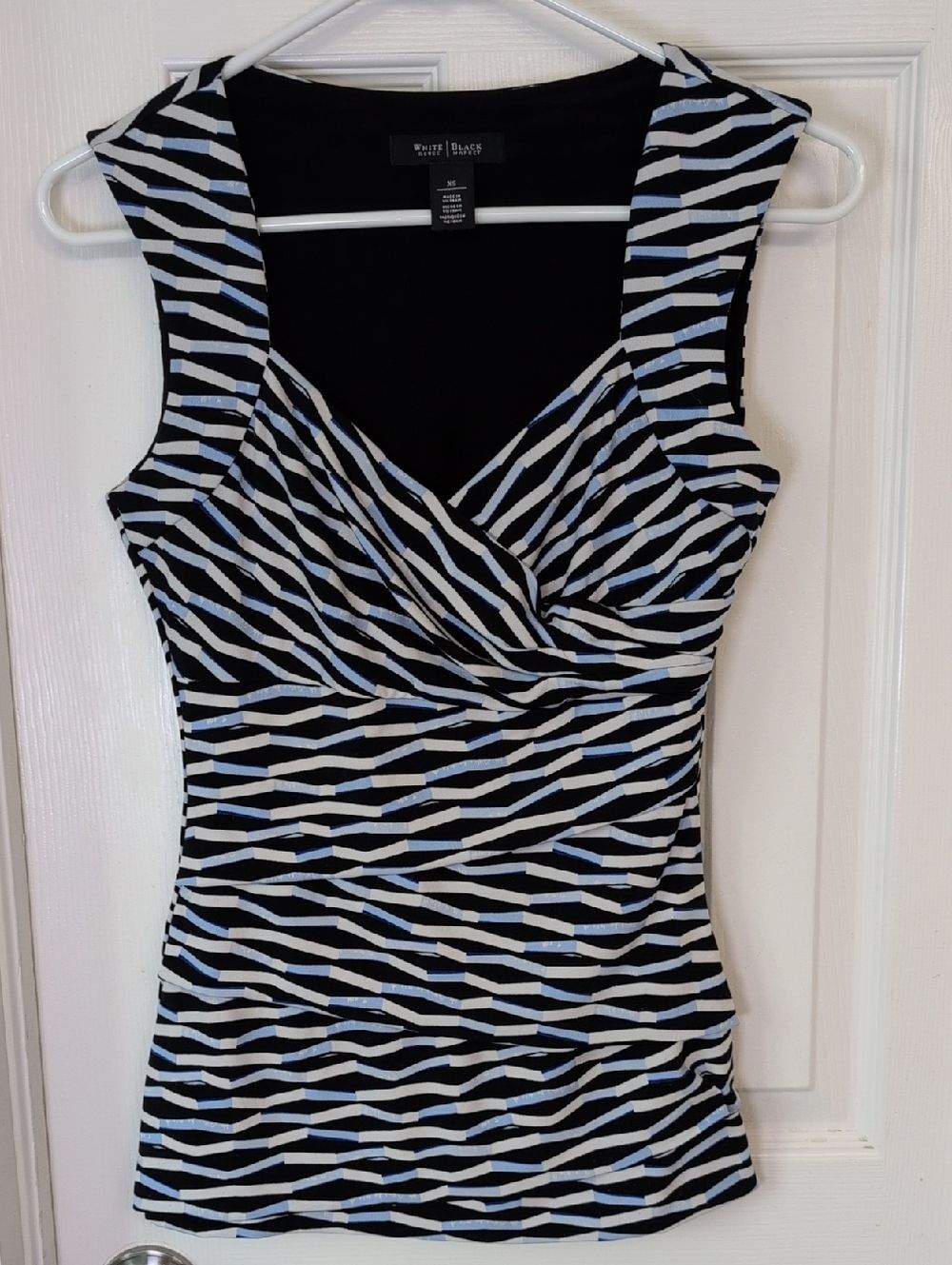 White House Black Market Black, White & Light Blue Sleeveless Wrap Tank